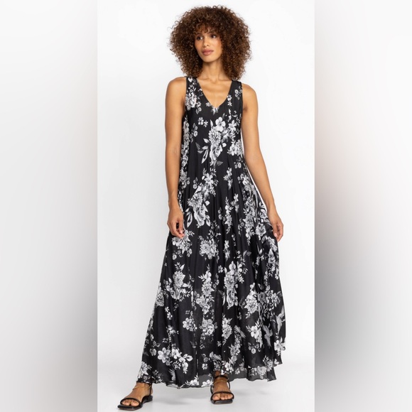 JOHNNY WAS DREAMER SILK BIAS DRESS FLORAL PRINT BLACK MAXI SUMMER DRESS V-NECK - Picture 3 of 8